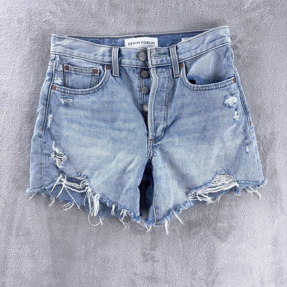 Denim Forum High Rise‎ Thigh Shorts Womens Size 24 Blue Distressed Button Fly